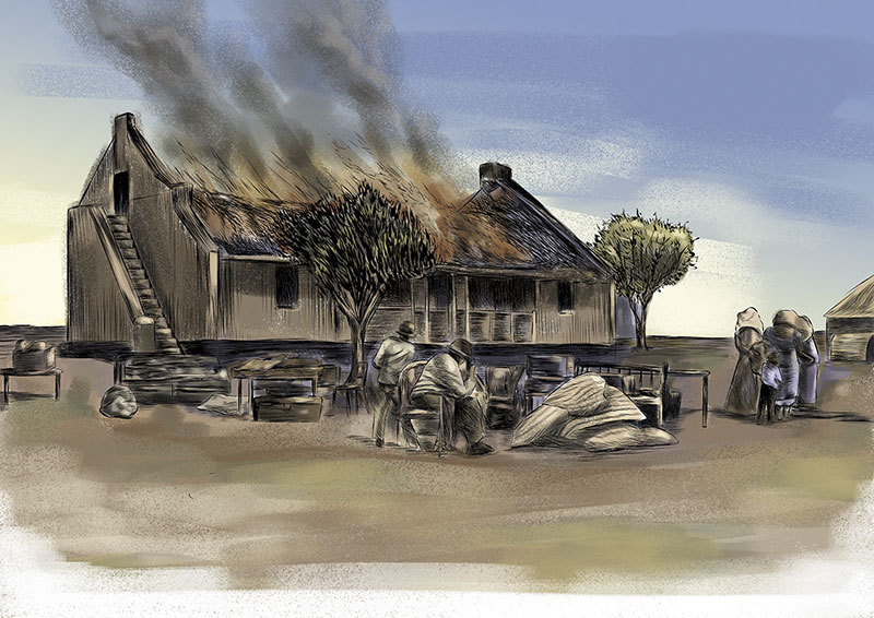 Boer building on fire