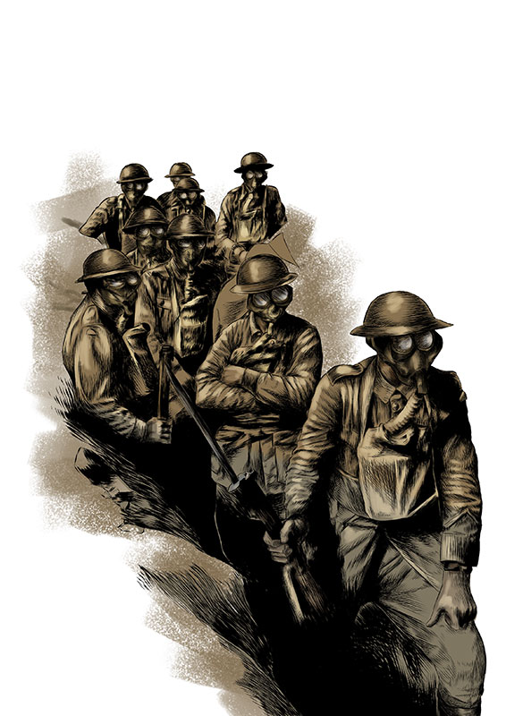 Soldiers wearing gas masks