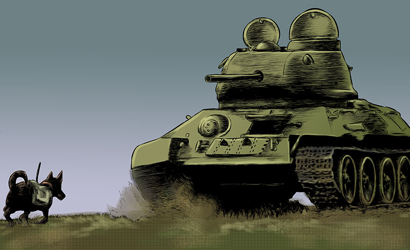 Trained dogs with explosives strapped to them are running at the tanks