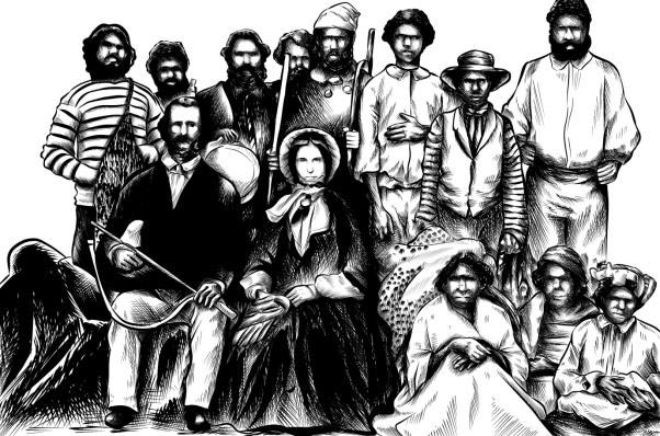 English settlers surrounded by their Aboriginal workers