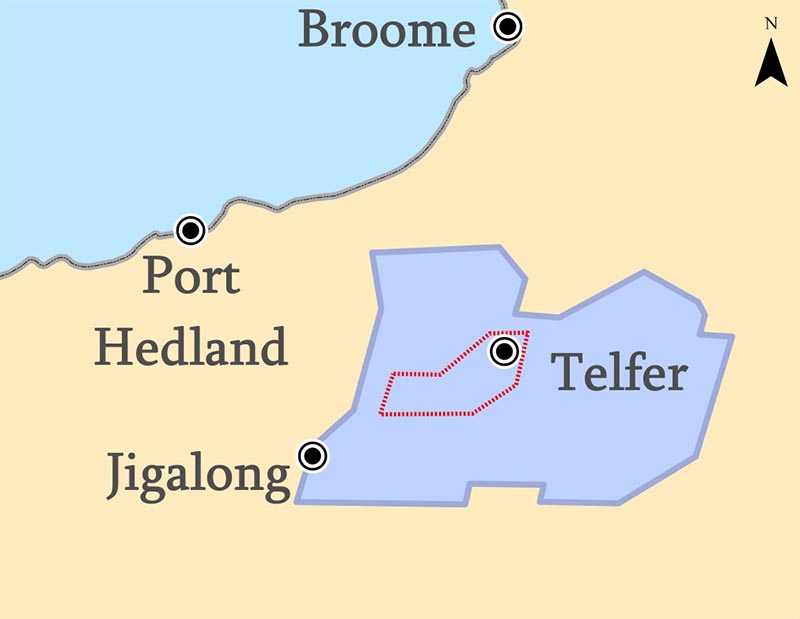 Approximate border of Martu lands in Western Australia. The dotted line represents the border of Karlamilyi National Park.
