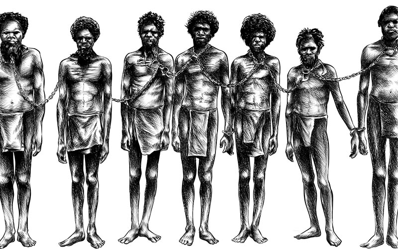 Chained Aboriginal men, copied from a photo taken in 1906.